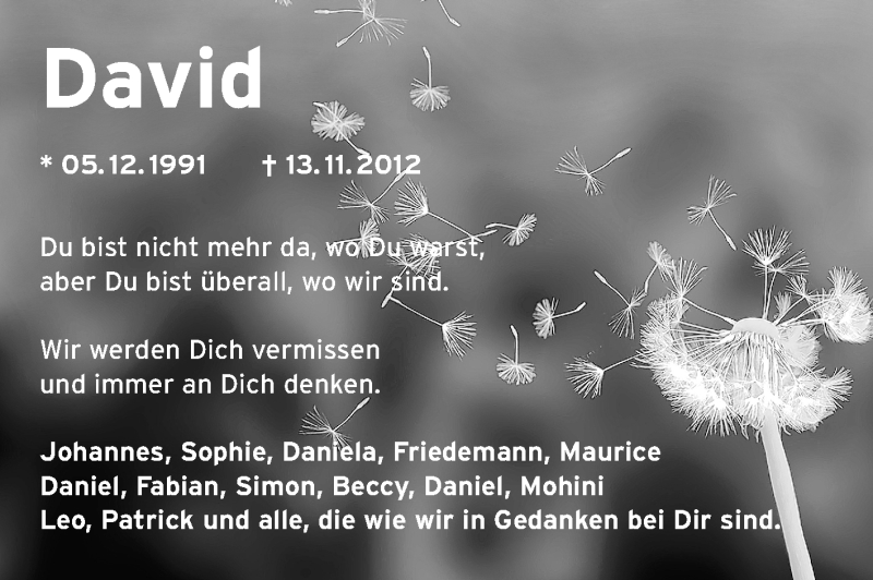  Traueranzeige für David Hemberger vom 19.11.2012 aus Odenwälder Echo