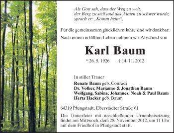Traueranzeige von Karl Baum von Echo-Zeitungen (Gesamtausgabe)