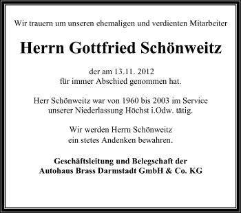 Traueranzeige von Gottfried Schönweitz von Odenwälder Echo
