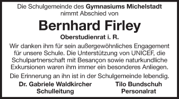 Traueranzeige von Bernhard Firley von Odenwälder Echo