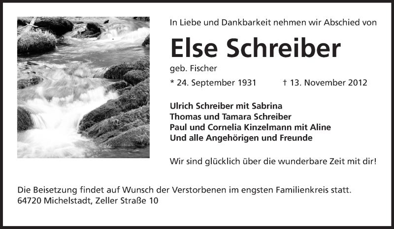  Traueranzeige für Else Schreiber vom 20.11.2012 aus Odenwälder Echo