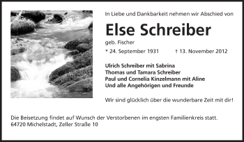 Traueranzeige von Else Schreiber von Odenwälder Echo