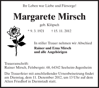 Traueranzeige von Margarete Mirsch von Echo-Zeitungen (Gesamtausgabe)