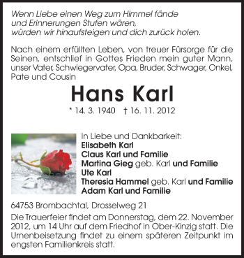 Traueranzeige von Hans Karl von Echo-Zeitungen (Gesamtausgabe)