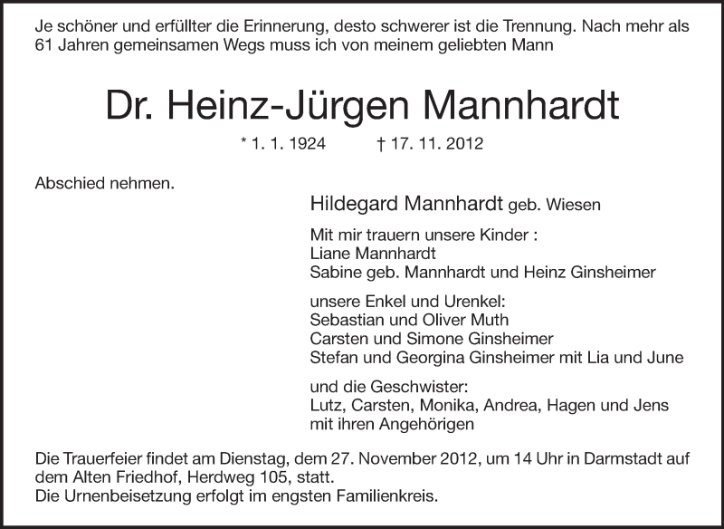  Traueranzeige für Heinz-Jürgen Mannhardt vom 24.11.2012 aus Echo-Zeitungen (Gesamtausgabe)