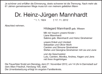 Traueranzeige von Heinz-Jürgen Mannhardt von Echo-Zeitungen (Gesamtausgabe)