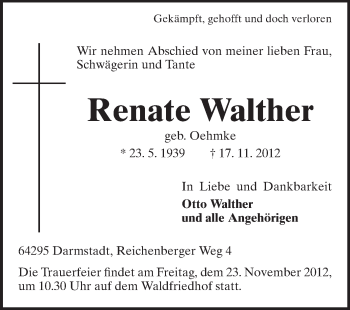 Traueranzeige von Renate Walther von Echo-Zeitungen (Gesamtausgabe)