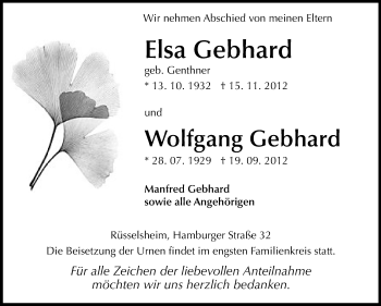 Traueranzeige von Elsa und Wolfgang Gebhard von Rüsselsheimer Echo, Groß-Gerauer-Echo, Ried Echo