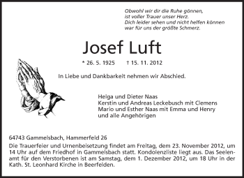Traueranzeige von Josef Luft von Odenwälder Echo