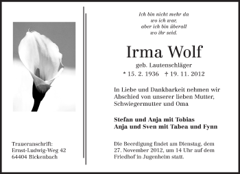 Traueranzeige von Irma Wolf von Echo-Zeitungen (Gesamtausgabe)