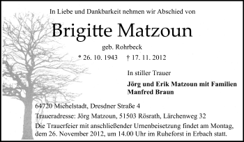 Traueranzeige von Brigitte Matzoun von Odenwälder Echo