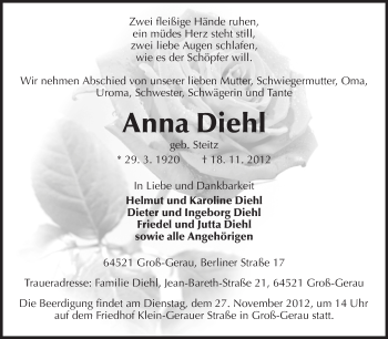 Traueranzeige von Anna Diehl von Rüsselsheimer Echo, Groß-Gerauer-Echo, Ried Echo