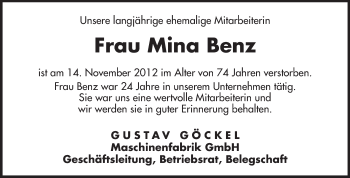 Traueranzeige von Mina Benz von Echo-Zeitungen (Gesamtausgabe)