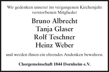 Traueranzeige von Chorgemeinschaft 1844 Dornheim Gedenken von Rüsselsheimer Echo, Groß-Gerauer-Echo, Ried Echo