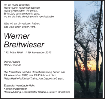 Traueranzeige von Werner Breitwieser von Echo-Zeitungen (Gesamtausgabe)