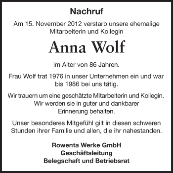 Traueranzeige von Anna Wolf von Echo-Zeitungen (Gesamtausgabe)