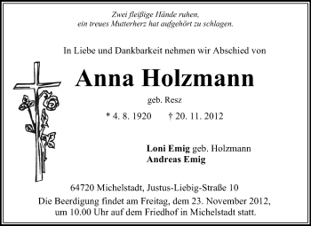 Traueranzeige von Anna Holzmann von Odenwälder Echo