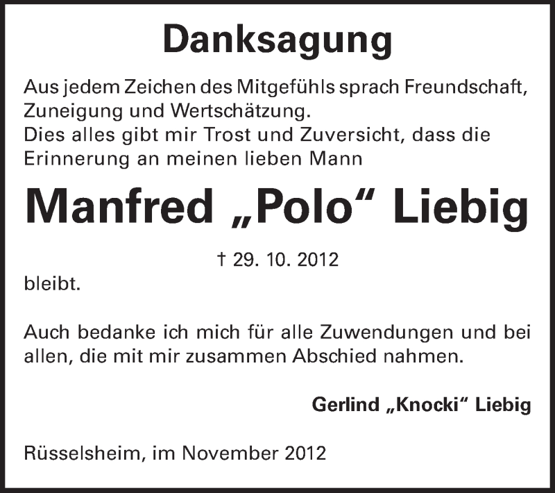  Traueranzeige für Manfred Liebig vom 24.11.2012 aus Rüsselsheimer Echo, Groß-Gerauer-Echo, Ried Echo
