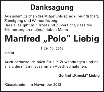 Traueranzeige von Manfred Liebig von Rüsselsheimer Echo, Groß-Gerauer-Echo, Ried Echo