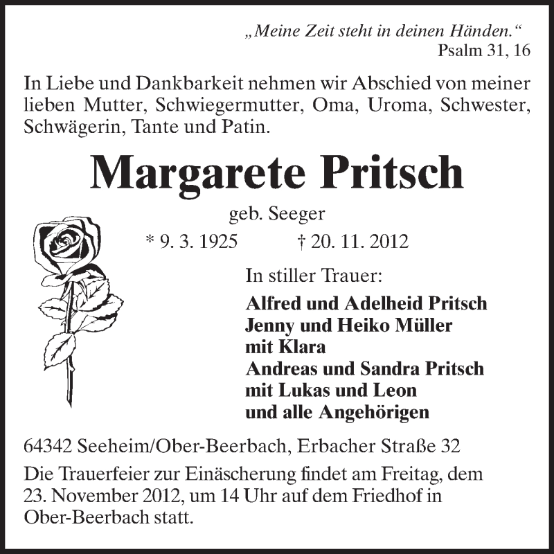  Traueranzeige für Margarete Pritsch vom 22.11.2012 aus Echo-Zeitungen (Gesamtausgabe)