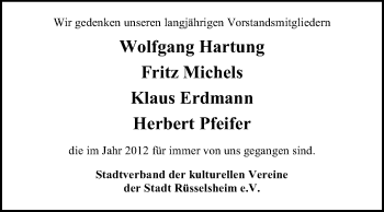 Traueranzeige von Stadtverband der kulturellen Vereine Gedenken von Rüsselsheimer Echo, Groß-Gerauer-Echo, Ried Echo