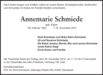 Traueranzeige von Annemarie Schmiede von Echo-Zeitungen (Gesamtausgabe)