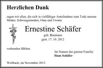 Traueranzeige von Ernestine Schäfer von Odenwälder Echo