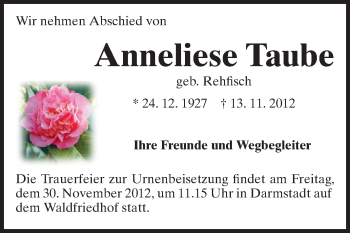 Traueranzeige von Anneliese Taube von Echo-Zeitungen (Gesamtausgabe)