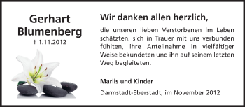 Traueranzeige von Gerhart Blumenberg von Echo-Zeitungen (Gesamtausgabe)