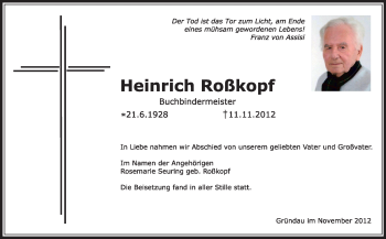 Traueranzeige von Heinrich Roßkopf von Darmstädter Echo, Odenwälder Echo, Rüsselsheimer Echo, Groß-Gerauer-Echo, Ried Echo