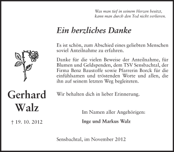 Traueranzeige von Gerhard Walz von Odenwälder Echo