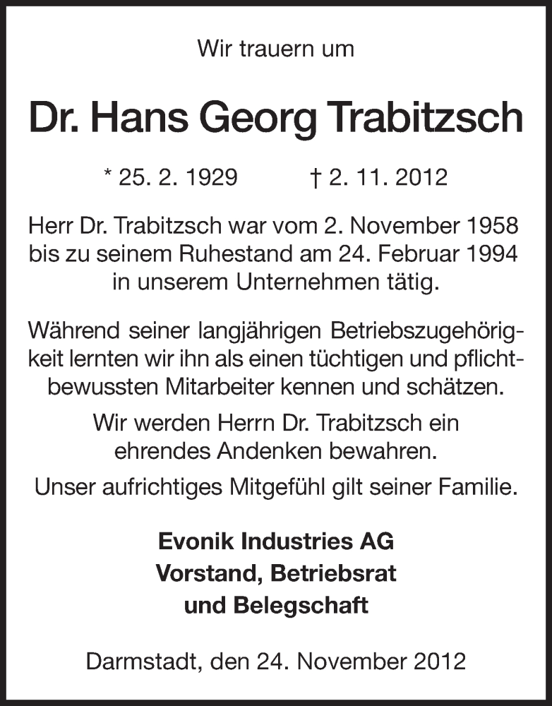  Traueranzeige für Hans Georg Trabitzsch vom 24.11.2012 aus Echo-Zeitungen (Gesamtausgabe)
