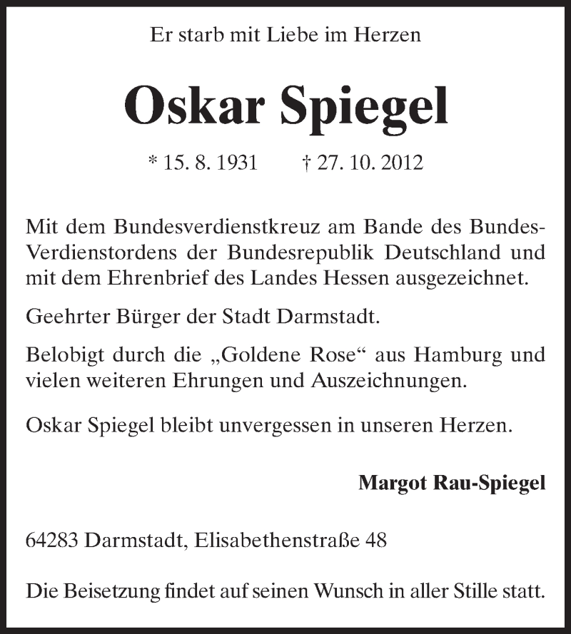  Traueranzeige für Oskar Spiegel vom 24.11.2012 aus Echo-Zeitungen (Gesamtausgabe)