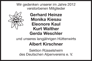 Traueranzeige von Sektion Rüsselsheim des Deutschen Alpenvereins Gedenken von Rüsselsheimer Echo, Groß-Gerauer-Echo, Ried Echo