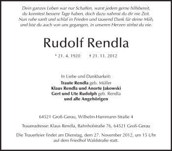 Traueranzeige von Rudolf Rendla von Rüsselsheimer Echo, Groß-Gerauer-Echo, Ried Echo