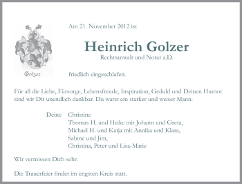 Traueranzeige von Heinrich Golzer von Echo-Zeitungen (Gesamtausgabe)