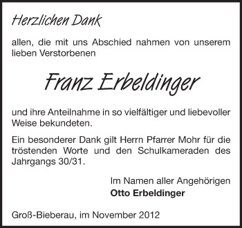 Traueranzeige von Franz Erbeldinger von Echo-Zeitungen (Gesamtausgabe)