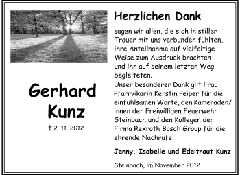 Traueranzeige von Gerhard Kunz von Odenwälder Echo