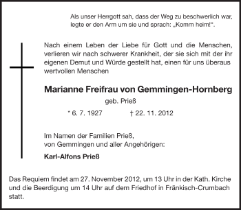 Traueranzeige von Marianne Freifrau von Gremmingen-Hornberg von Echo-Zeitungen (Gesamtausgabe)