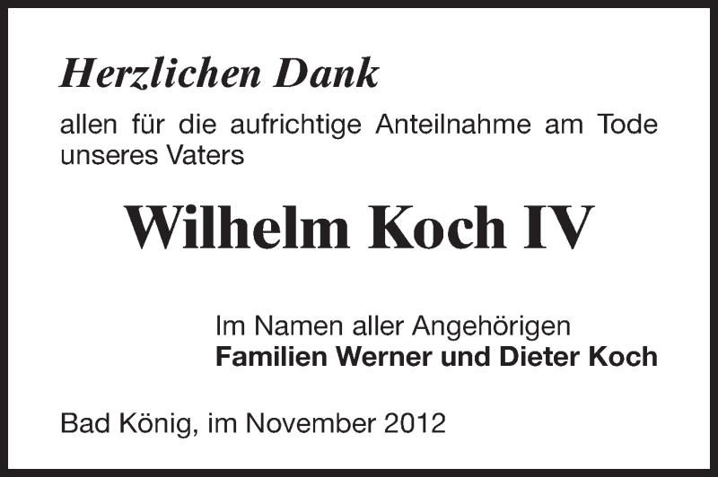  Traueranzeige für Wilhelm Koch vom 24.11.2012 aus Odenwälder Echo