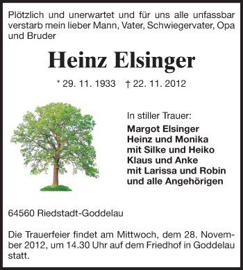 Traueranzeige von Heinz Elsinger von Rüsselsheimer Echo, Groß-Gerauer-Echo, Ried Echo