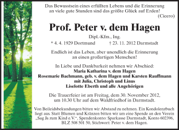 Traueranzeige von Peter von dem Hagen von Darmstädter Echo, Odenwälder Echo, Rüsselsheimer Echo, Groß-Gerauer-Echo, Ried Echo