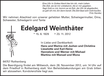 Traueranzeige von Edelgard Weinthäter von Odenwälder Echo