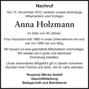 Traueranzeige von Anna Holzmann von Echo-Zeitungen (Gesamtausgabe)