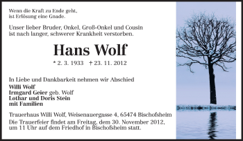 Traueranzeige von Hans Wolf von Rüsselsheimer Echo, Groß-Gerauer-Echo, Ried Echo