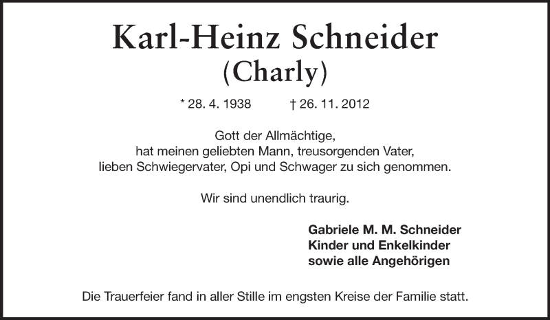  Traueranzeige für Karl-Heinz Schneider vom 01.12.2012 aus Darmstädter Echo, Odenwälder Echo, Rüsselsheimer Echo, Groß-Gerauer-Echo, Ried Echo