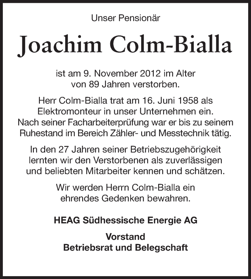  Traueranzeige für Joachim Colm-Bialla vom 01.12.2012 aus Echo-Zeitungen (Gesamtausgabe)
