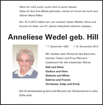 Traueranzeige von Anneliese Wedel von Rüsselsheimer Echo, Groß-Gerauer-Echo, Ried Echo