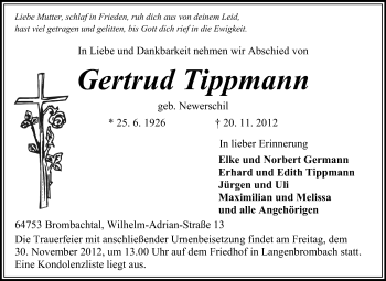 Traueranzeige von Gertrud Tippmann von Odenwälder Echo
