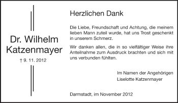 Traueranzeige von Wilhelm Katzenmayer von Darmstädter Echo, Odenwälder Echo, Rüsselsheimer Echo, Groß-Gerauer-Echo, Ried Echo